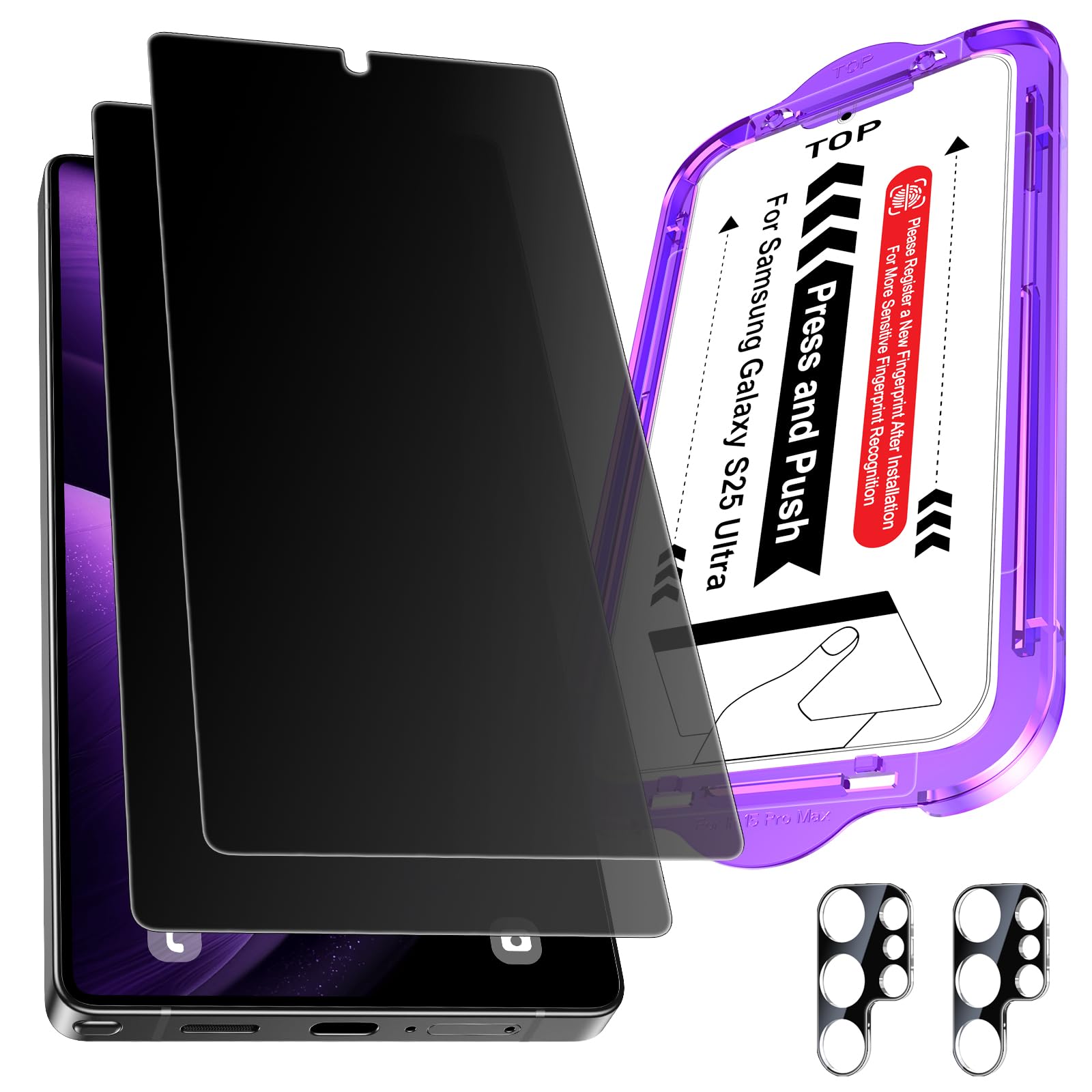 Photo 1 of Ksleri 2 Pack for Samsung Galaxy S25 Ultra 6.9" Matte Privacy Screen Protector + 2 Pack Camera Lens Protector with Easy Installation Kit, Anti-Glare Anti-Spy PET Film [Non-Glass], Fingerprint Unlock