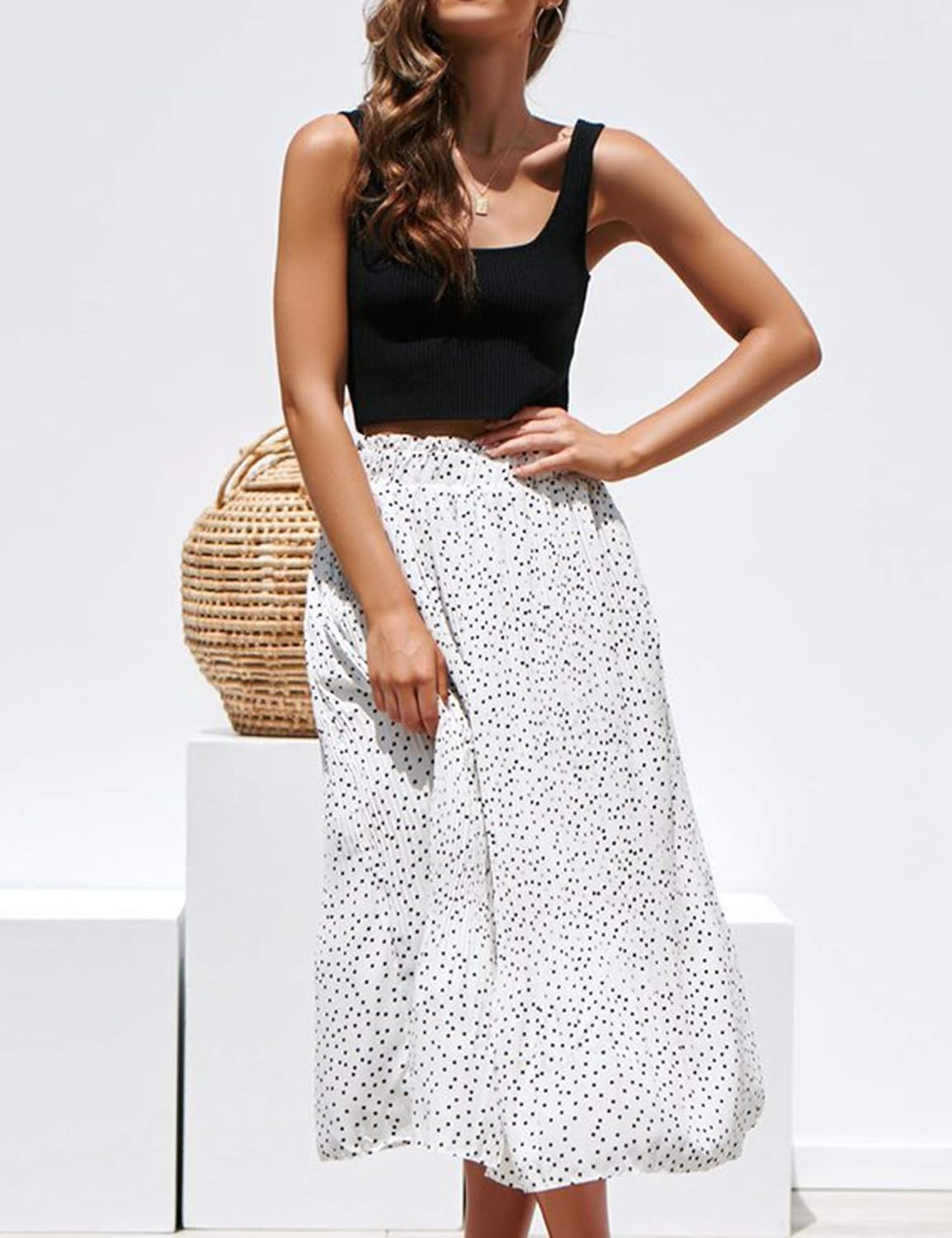 Relipop Women's Flared Skirt High Elastic Waist Polka Dot Pleated Midi Vintage Skirt: Clothing