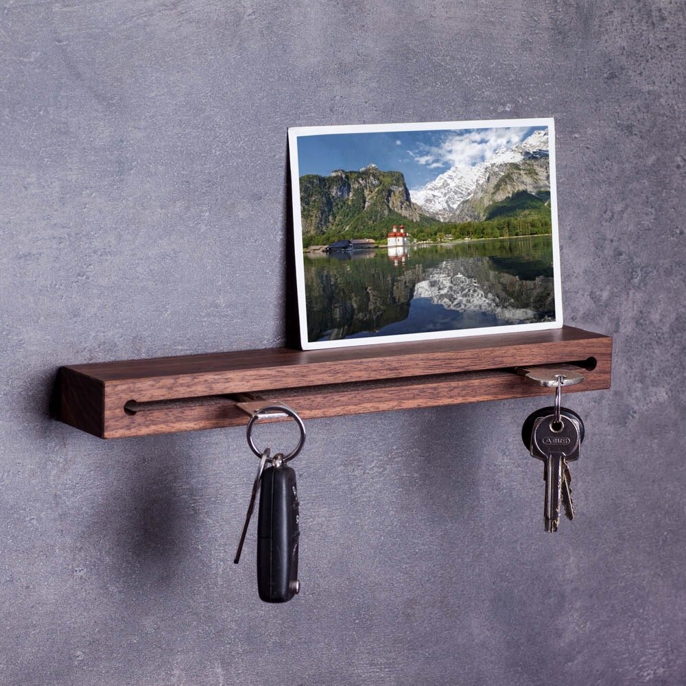 WOODS Key Holder with Shelf I Groove - Key Holder Modern I Wall Decoration Made of Wood Handmade in Bavaria I Key Rack Country House Design I Key Board (Walnut, 30 cm)