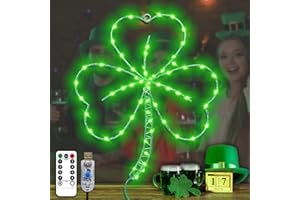 YAOZHOU St Patricks Day Decorations,Irish Shamrock LED Window Lights,13.2IN 58LED Green Iron Frame Silhouette Lights, USB Powered Remote Control Clover Lights, Wall Indoor Party Favors Accessories (1PACK)