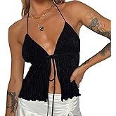 Women Y2K Backless Crop Top Deep V Neck Spaghetti Strap Tie Front Halter Top Sexy Summer Tank Cami Top Streetwear