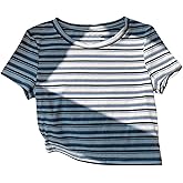 RoseSeek Women's Striped Colorblock T Shirt Short Sleeve Crew Neck Ribbed Knit Crop Tops