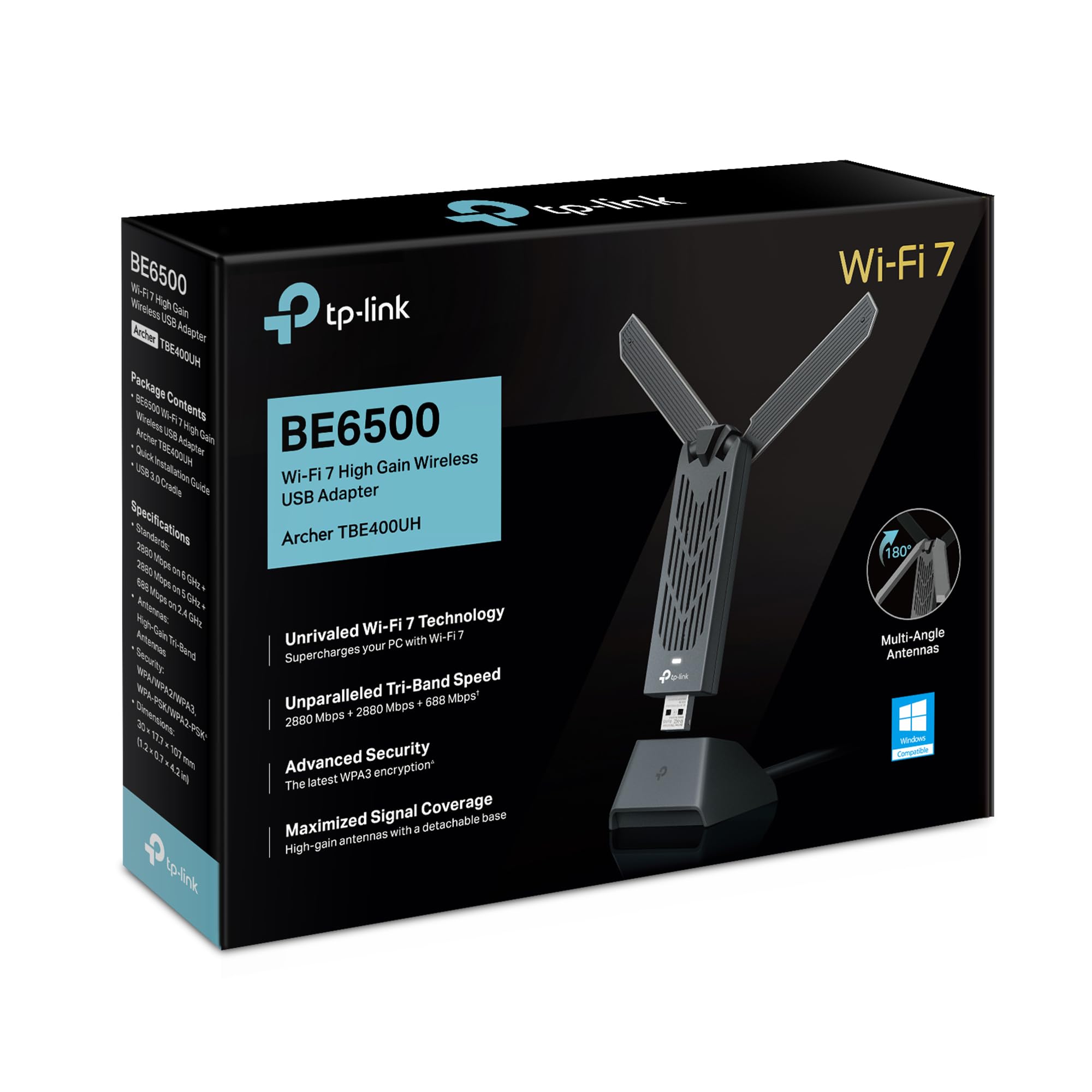 TP-Link Archer TBE400UH Wi-Fi 7 WLAN Stick für PC, BE6500 Tri-Band USB WLAN Adapter mit Hochleistungsantenne, MU-MIMO, WPA3, USB 3.0, nur Kompatibel mit Windows 10/11 7
