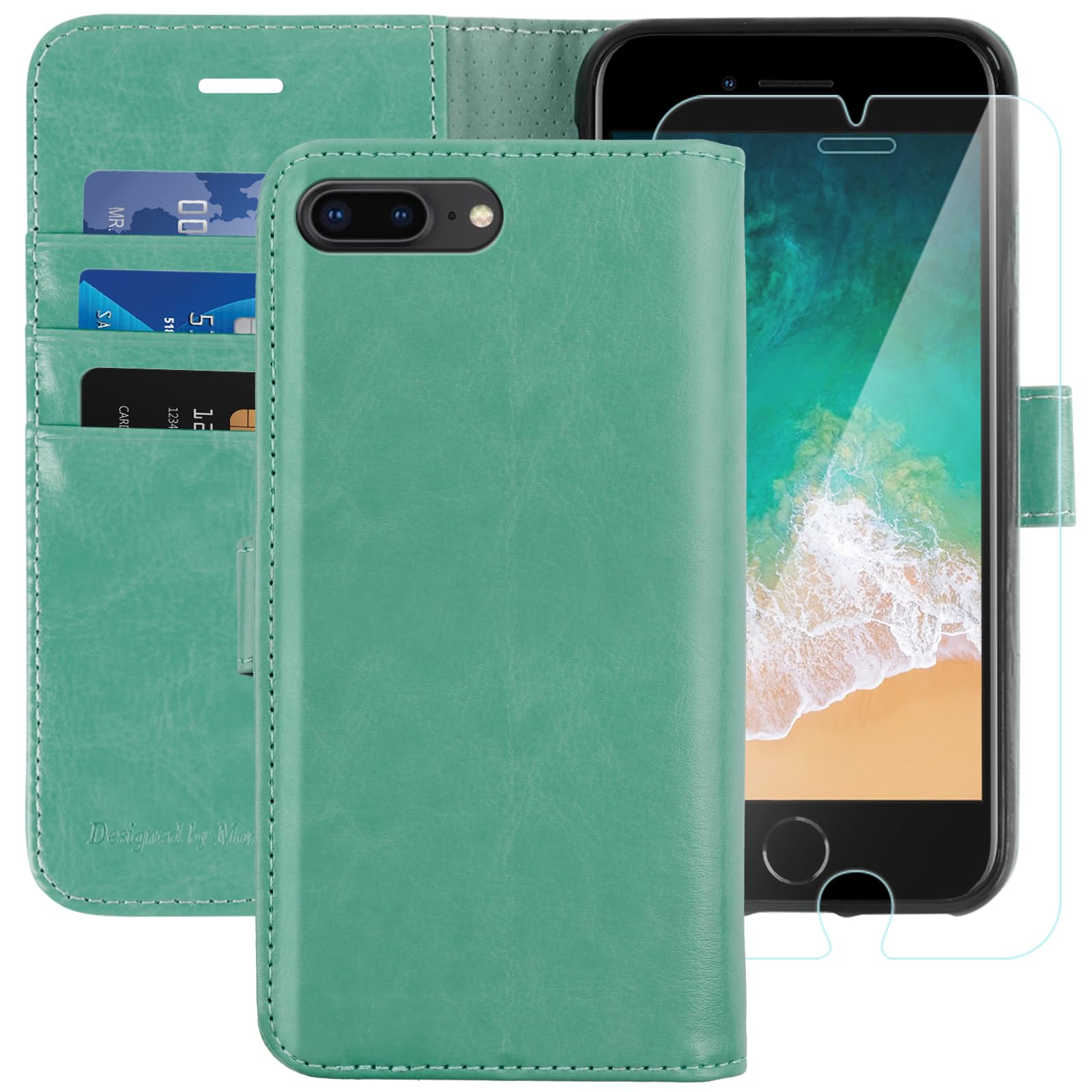 MONASAY Wallet Case for iPhone 7 Plus/8 Plus, 5.5-inch [Glass Screen Protector Included] Flip Folio Leather Cell Phone Cover with Credit Card Holder, Mint