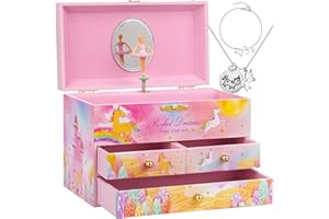 efubaby Musical Jewelry Box for Girls, Unicorn Necklace & Bracelet Set with 3 Pullout Drawers Spinning Ballerina Jewelry Box for Girls Kids Christmas Birthday Gift Waltz of Flowers Tune, Colorful