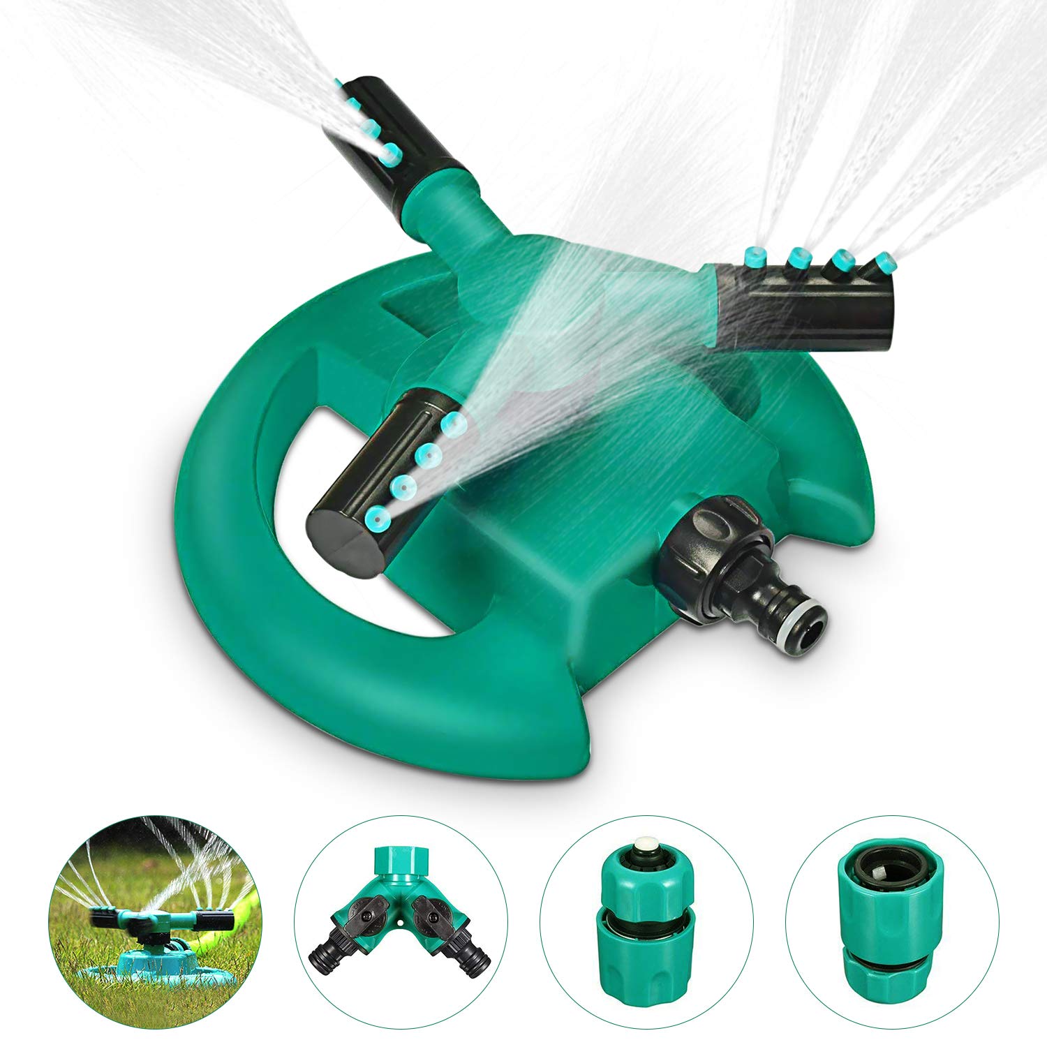 Magicfun Irrigatore Per Giardino，Irrigatore per Prato Automatico 360 Gradi, Sistema Di Irrigazione con 3 Braccia Rotanti，Adatto per Prato, Giardino, Verde e Nero
