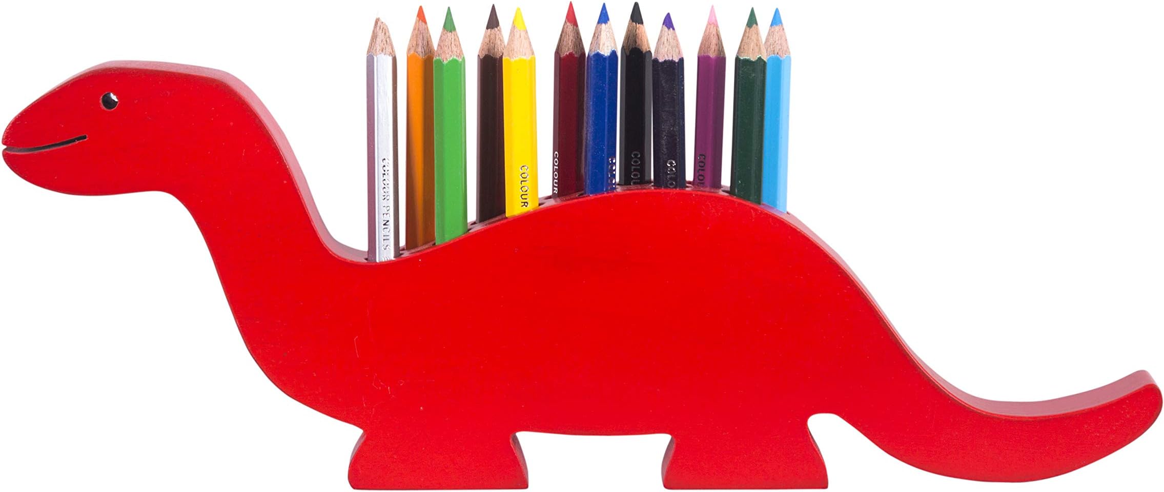 The Kiddy Depot - Red Dino Colour Pencil Holder Wooden For Children With 12 Colour Pencils