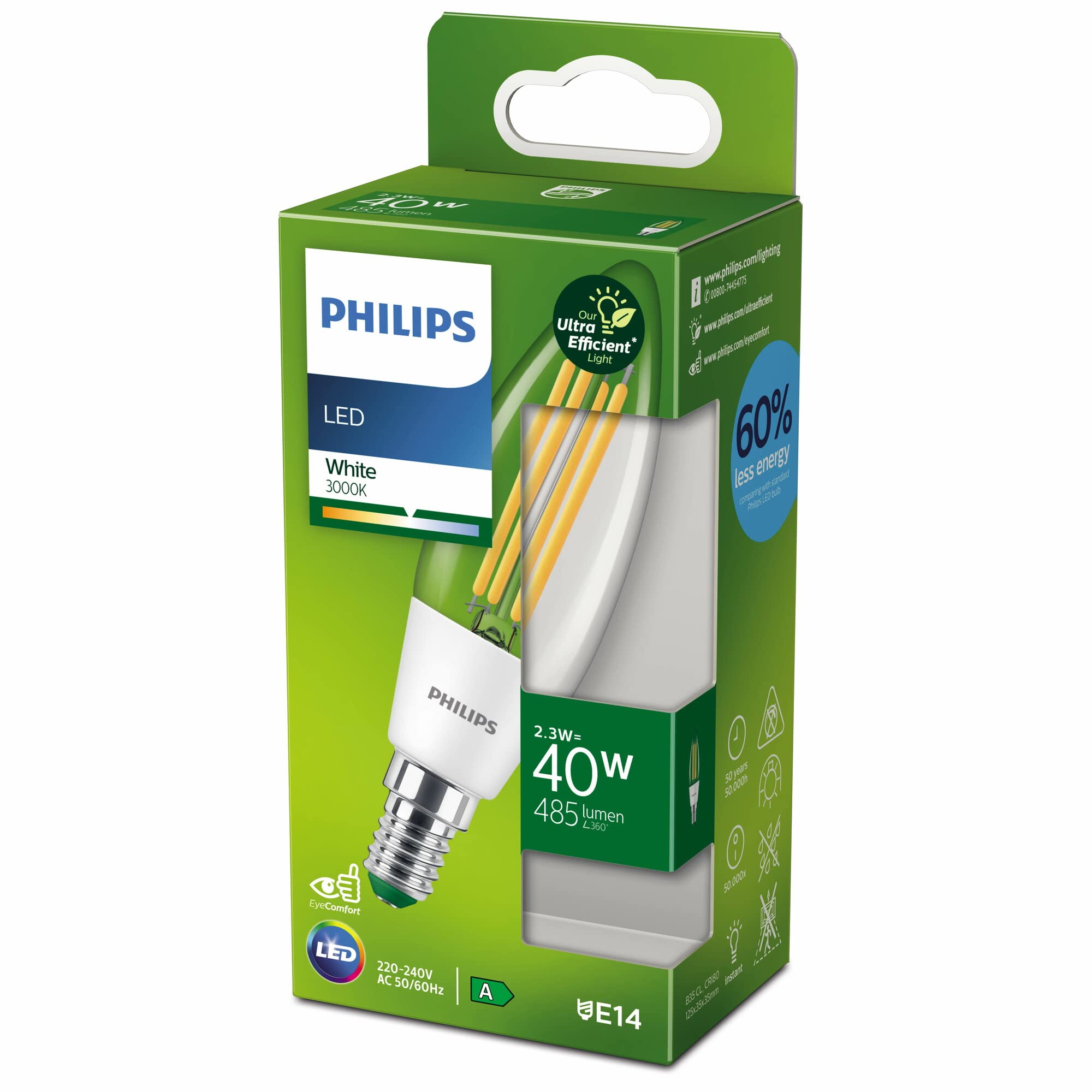 PHILIPS LED Ultra Efficient Candle Light Bulb A Label Energy Rating [White 3000K - E14 Small Edison Screw] 40W B35 Clear. for Indoor Home Lighting.