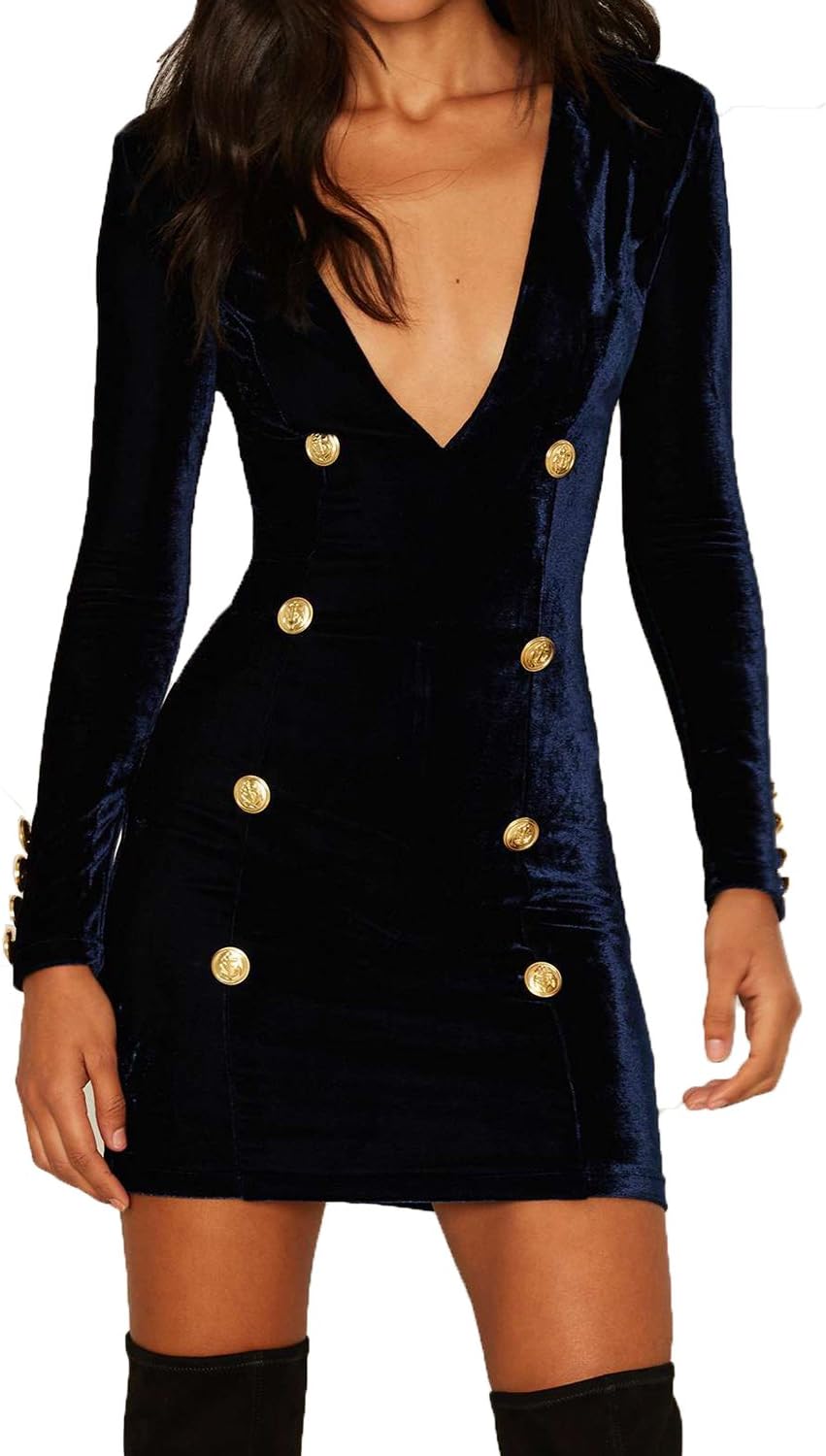 Deep V Button Women Autumn Winter Bodycon Sheath Short Mini Sexy Club Long Sleeve Party Velvet Dress (M, deep blue)