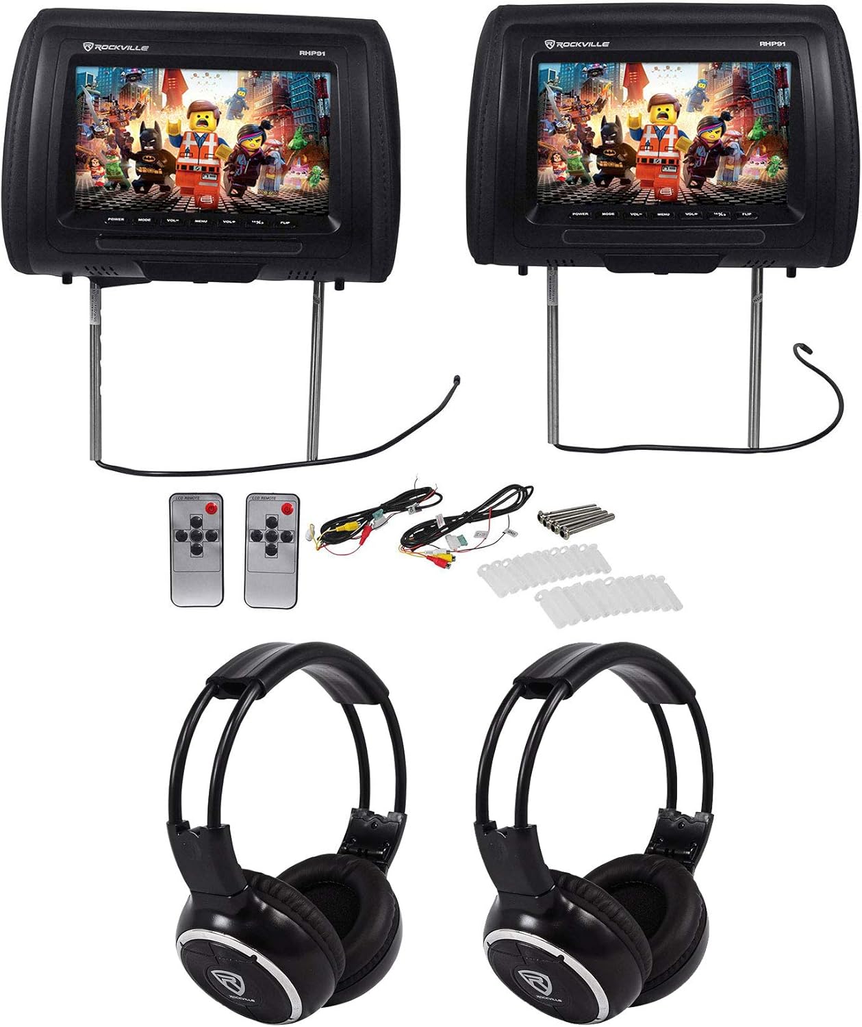 Pair Rockville RHP91-BK v2 9” Black Car Headrest Monitors w/Speakers+Headphones