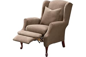 SureFit Stretch Pique Wing Recliner Slipcovers, Wing Recliner Chair Covers with Elastic Bottom For A Secure Fit, Machine Washable, Geometric Patterned Taupe