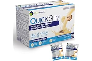 NUTRIPHARMA QUICK SLIM Quick Slim High Protein Shakes for Weight Loss, 30 Servings, Complete Meal Replacement Powder, Diet Shakes for Women & Men, 20g Protein, 27 Vit & Min, Keto, Gluten Free (Banana Cookies, 30 Sachets)