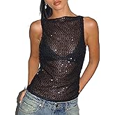 iTranyee Women Sexy Sequin Tank Top Y2k Sparkly Glitter Crew Neck Sleeveless Cami Shirt Shinny Slim Fit Vest for Club
