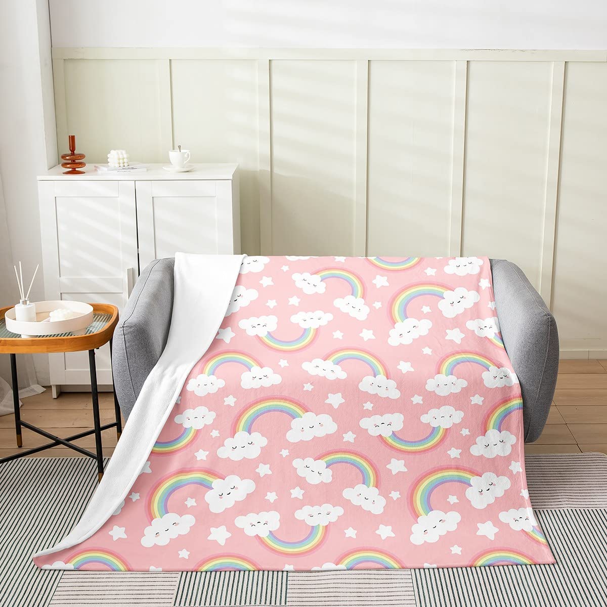 Cartoon Rainbow All Season Bed Blanket Kids,Kawaii Rainbow Fleece Throw Blanket Cute Cloud Stars Fuzzy Blanket for Kids Boys Girls,Microfiber Plush Blanket Baby 30x40 Inch