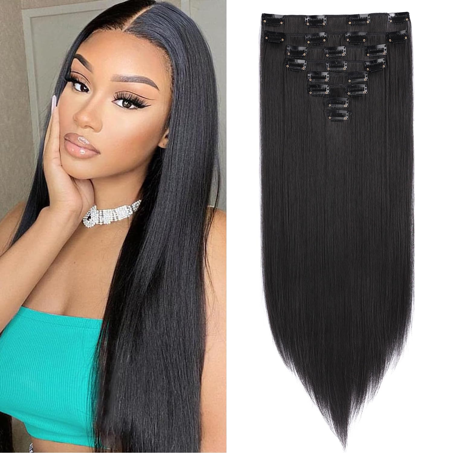 Mscat 20 Inch Clip in Hair Extensions 8Pieces/Set Straight Hair pieces hair extensions Natural Soft Synthetic Hairpieces for Women(1B#)