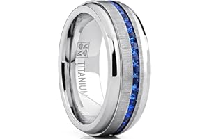 Metal Masters Co. Men's Eternity Titanium Wedding Band Engagement Ring W/Blue Simulated Sapphire Cubic Zirconia Princess CZ