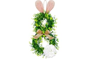 ALLYORS 24inch Easter Door Wreath, Easter Wreaths for Front Door Decoration, Handmade Green Leaves Wreath for Spring, Bunny Wreath for Wall Window Decor