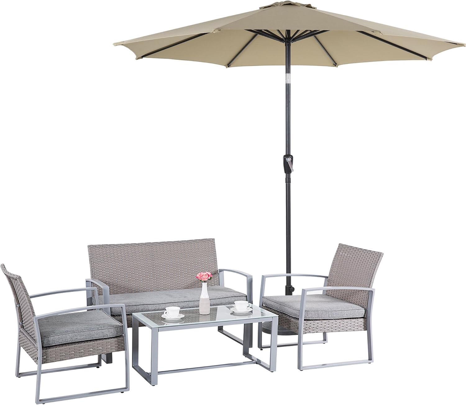 Cloud Mountain Outdoor 5 Pc Rattan Wicker Patio Furniture Set Cushioned Patio Umbrella Summer Conversation Love Seat Steel Garden Lawn Dining Set Sofa Deck Chair Table Gray Amazon Co Uk Kitchen Home