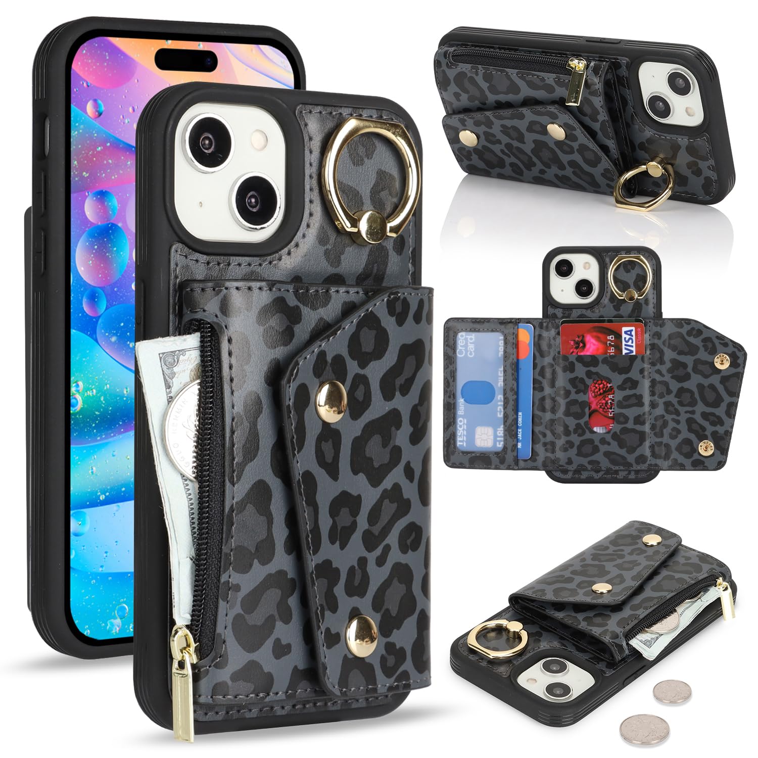 Lipvina for iPhone 15 Plus Case Wallet with Card Holder - Zipper Pocket,Credit Card Slots,RFID Blocking,Stand Ring,PU Leather Double Snap Cover for Women and Men(Black Leopard,6.7 Inch)
