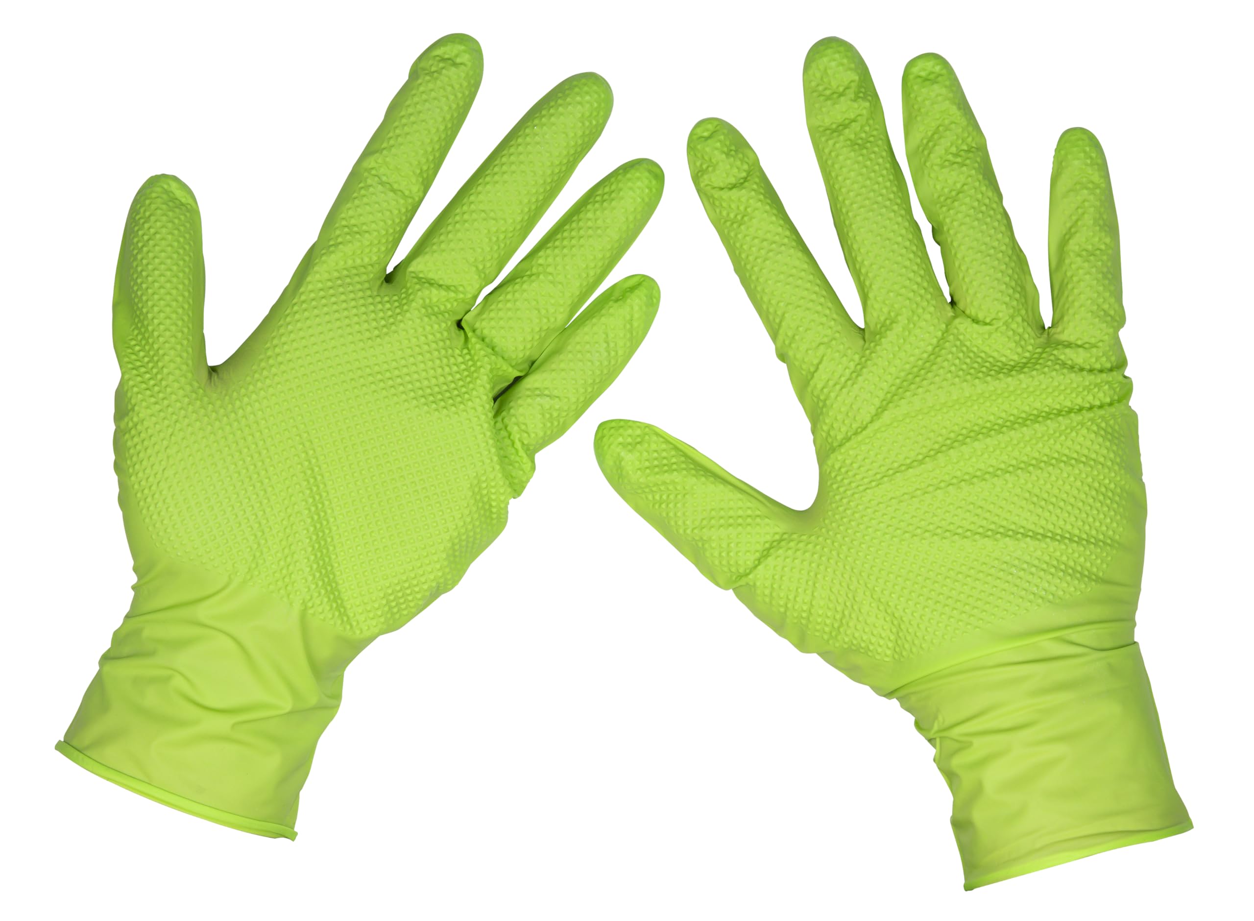 Sealey Hi-Vis Green Diamond Grip Extra-Thick Nitrile Powder-Free Gloves, Large, Pack of 50 - SSP54L