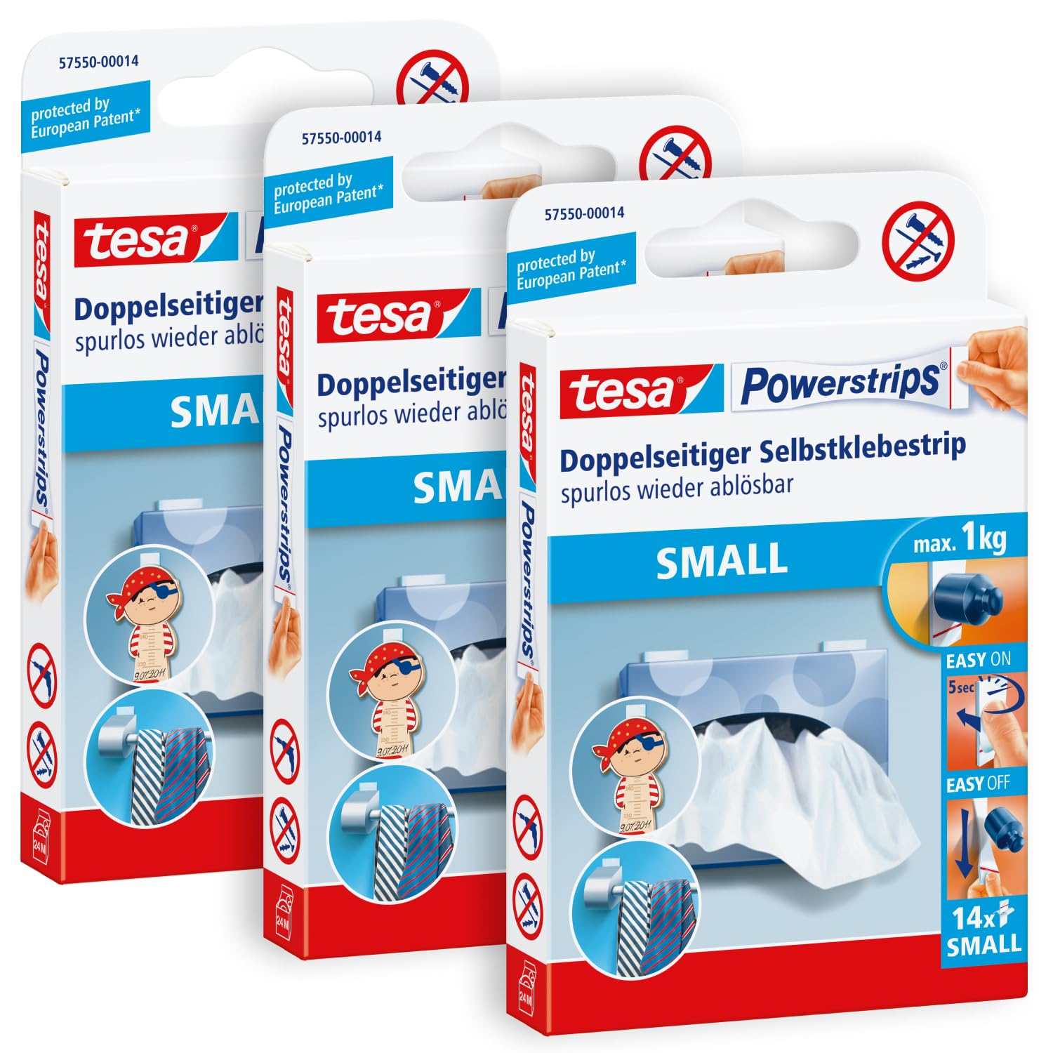 tesa Powerstrips Small - Double-Sided Adhesive Strips for Mounting Objects on Smooth Surfaces - Up to 1 kg Holding Power - 3 Packs of 14 Powerstrips