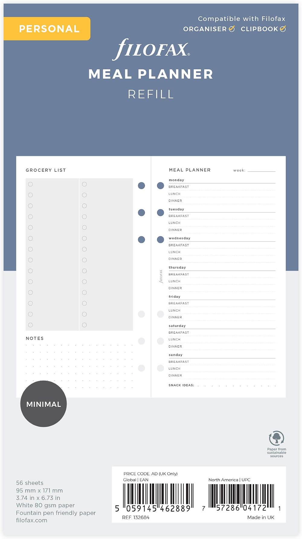 Filofax Personal Minimal Meal Planner Pack 56 Sheets 80gsm Refills