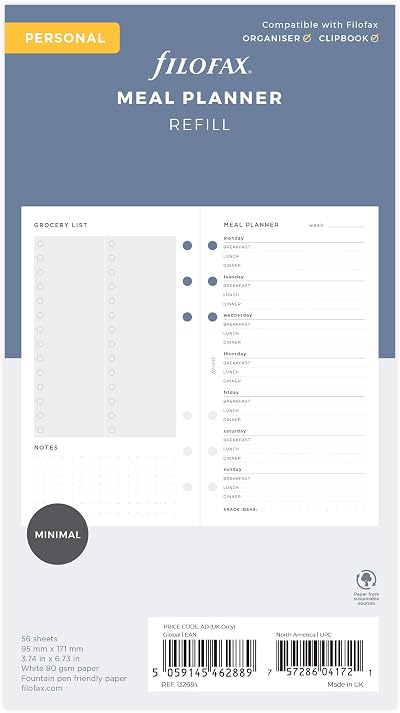 Filofax Personal Minimal Meal Planner Pack 56 Sheets 80gsm Refills