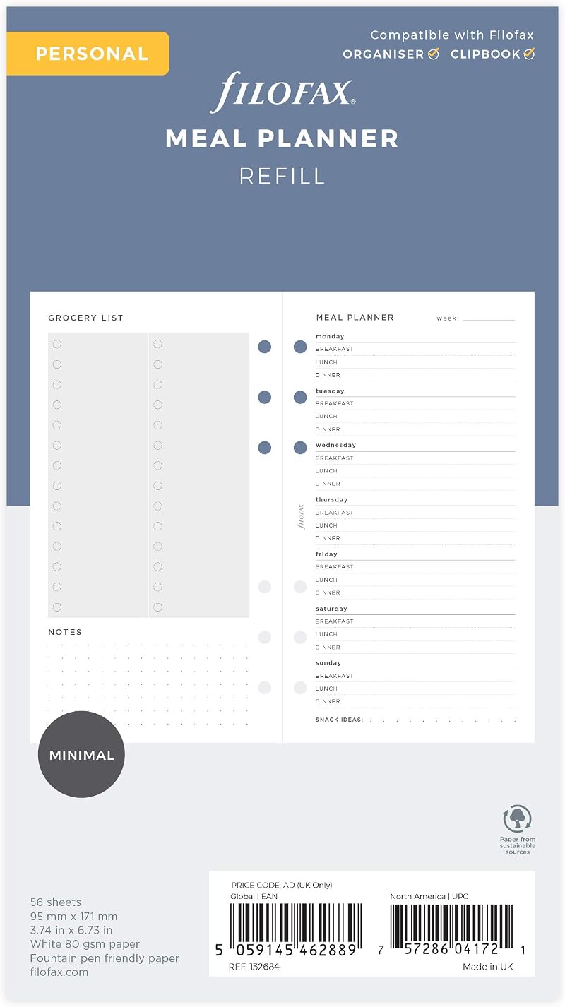 Filofax Personal Minimal Meal Planner Pack 56 Sheets 80gsm Refills