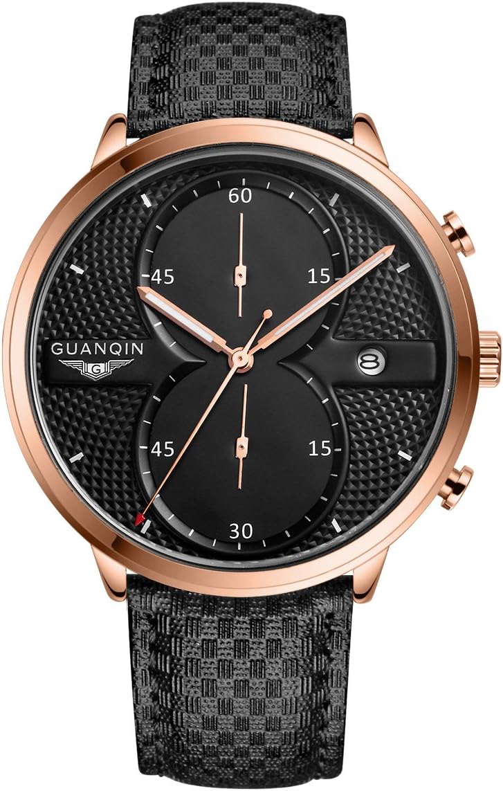 GUANQIN Fashion Formal Brand Men Watch Leather Band Analog Display Chronograph Waterproof Luminous Male Quartz Wrist Watch Gold Black