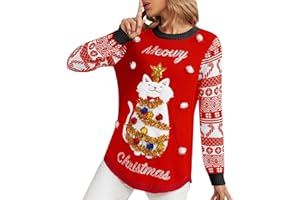 YOMXL Women Ugly Christmas Sweaters 2023 Funny Cat Embroidered Pullover Casual Loose Fit Long Sleeve Crew Neck Kintwear