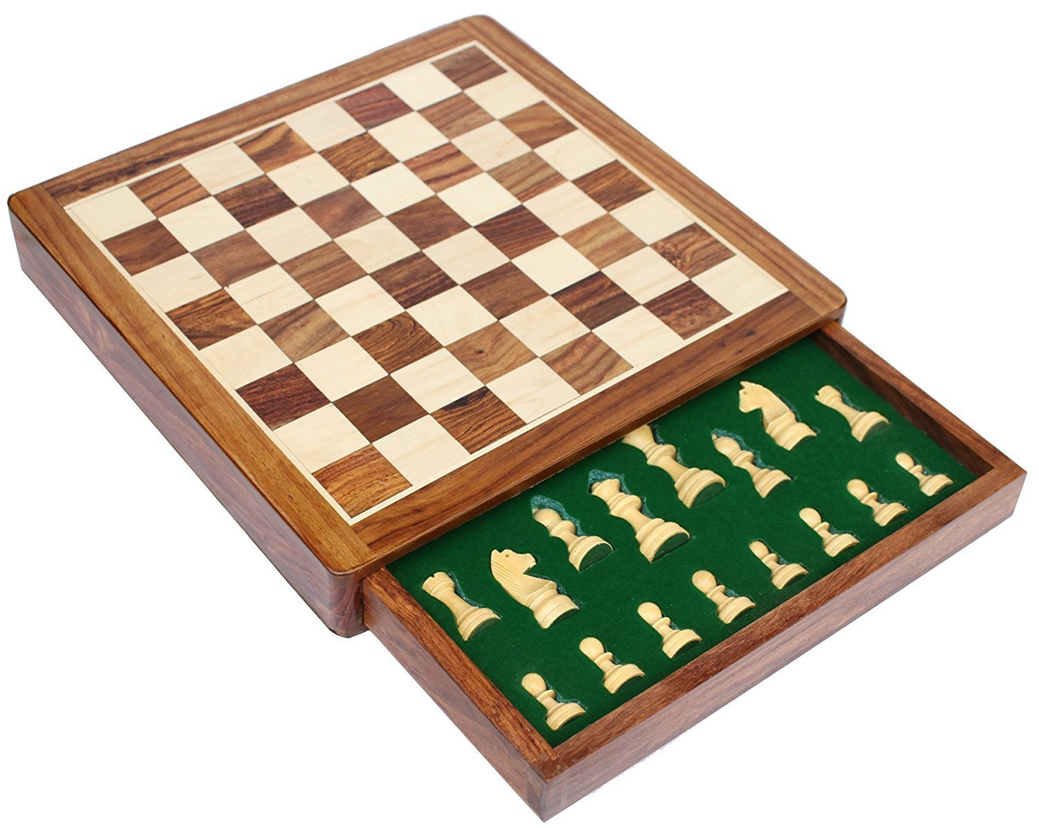 StonKraft Collectible Fold-able Premium Wooden Chess Game Board Set With Magnetic Hand Crafted Pieces (12" x 12" - Non-Folding Drawer)