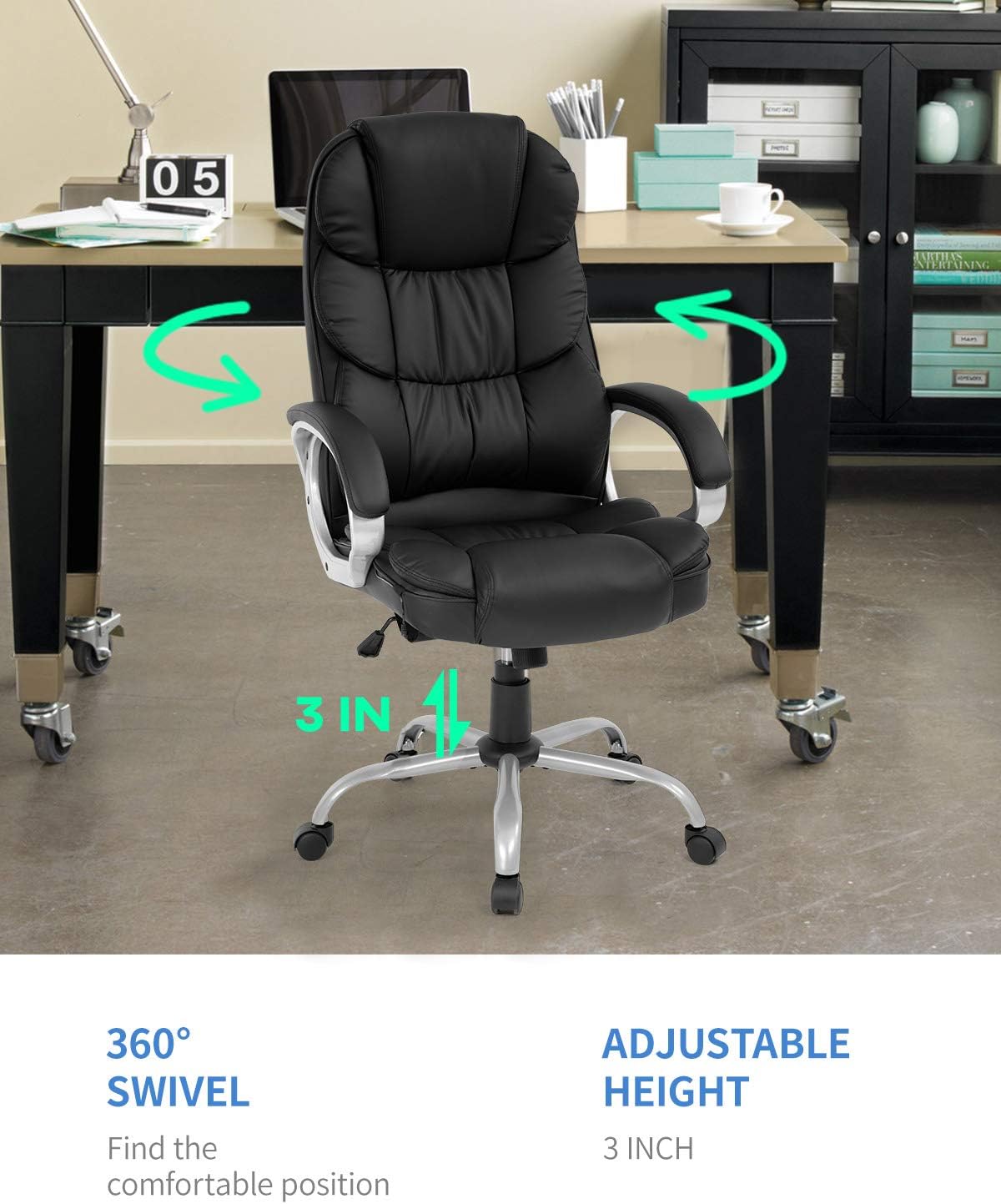 Office Chair Computer High Back Adjustable Ergonomic Desk Chair Executive PU Leather Swivel Task Chair with Armrests Lumbar Support (Black): Furniture & Decor