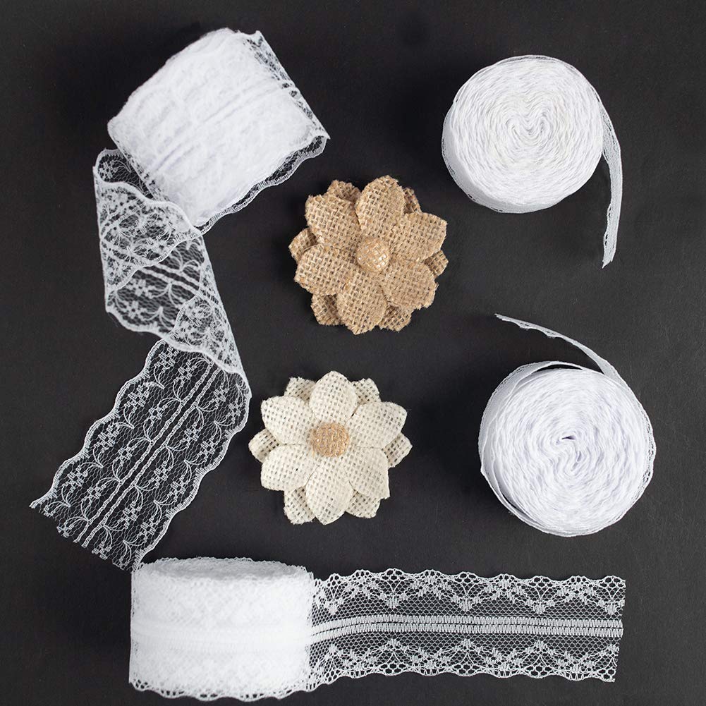 VGOODALL 40 M Spitzenbordüre Spitzenband, Weiss Beige Vintage Band mit 2 Spitzen-Blumen Gesamt 4 Rolls für Hochzeit Tischdeko Basteln Geschenkband DIY Handwerk
