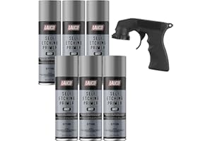 LAUCO Self Etching Primer Grey Aerosol Spray Can With Aerosol Spray Gun - Pack of 6 - Automotive and Industrial Primer - Great for use on Bare Metal Areas Before applying Truck Bed Liner