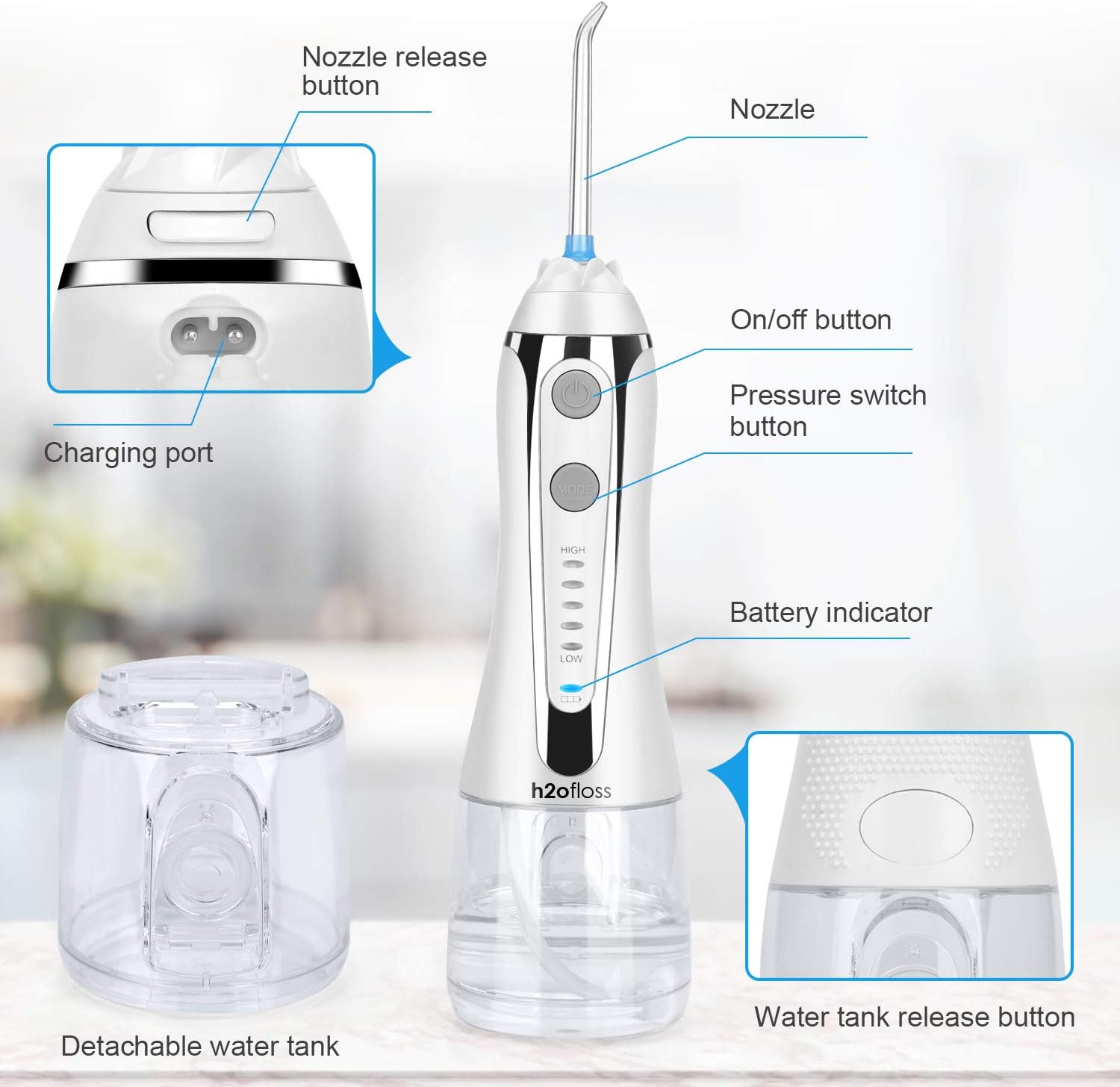 H2ofloss Cordless Water Dental Flosser, Portable Oral Irrigator for Teeth, Braces, Rechargeable & IPX7 Waterproof Teeth Cleaner for Home Travel: Health & Personal Care