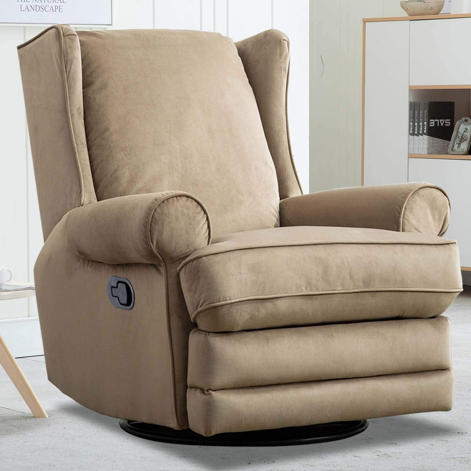 CANMOV Swivel Rocker Recliner Chair with Roll Arm and Overstuffed Back, Beige