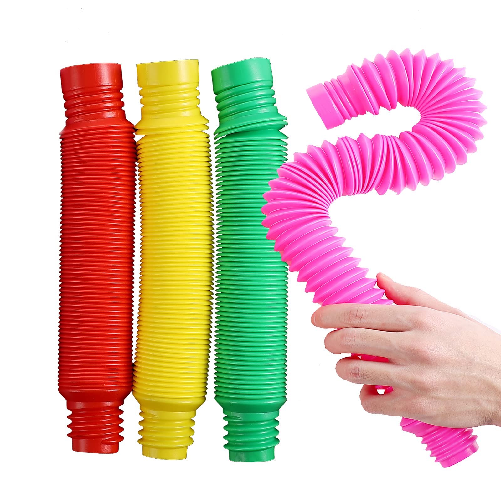 AUFIKR Pop Tubes Fidget Toys for Kids and Adults, 4 Pack X-large Pop Tubes Sensory Toy (Red/Yellow/Green/Pink)