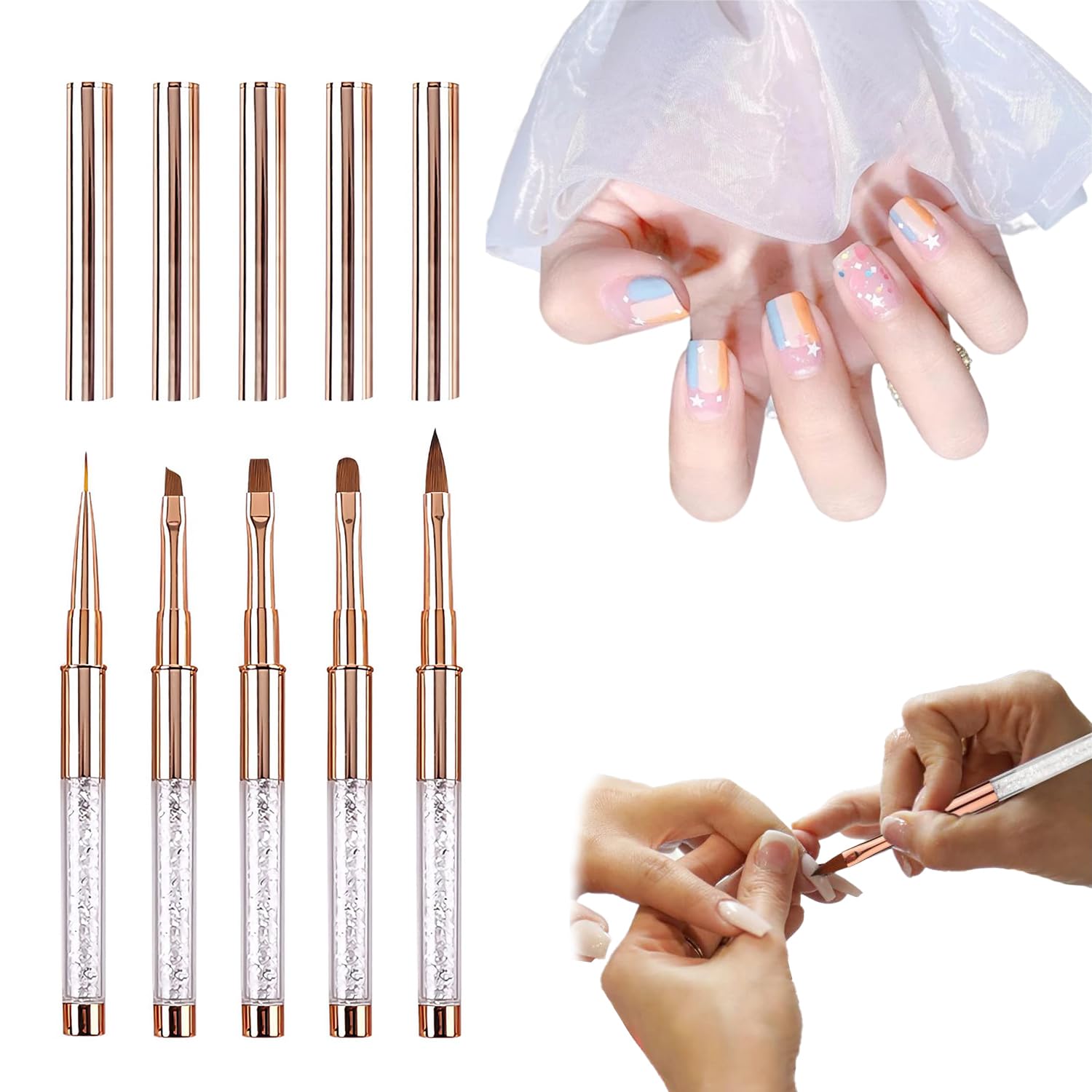 Esshogo 5 Pieces Nail Polish Detail Fine Brush Set for Nails Design Painting Tools, Nail Brush with Lid for Gel Nails, Nail Art Set, Thin/Flat/Round/Angled/for Professional Beginners