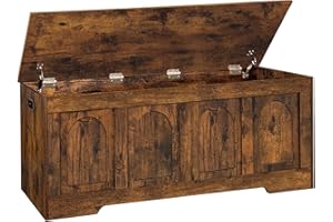DINZI LVJ Storage Chest, 47.2”Wooden Storage Box with 2 Safety Hinges, Entryway Shoe Bench with Flip-Top, Large Trunk for Living Room, Bedroom, Easy Assembly, Rustic Brown
