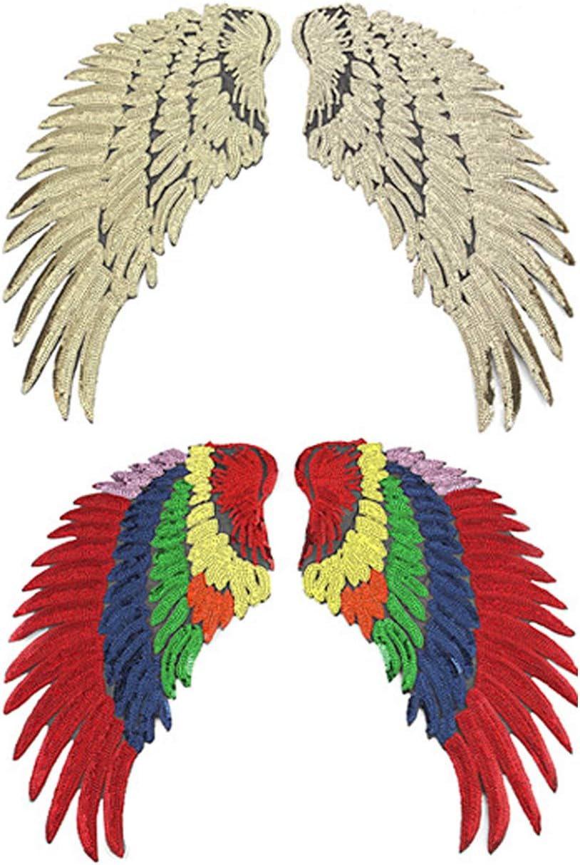 Military Ba 2pairs Wings Angels Embroidered Flower Clothes Patches Stickers Embroidery Badge Iron On Applique Patch for Bags Jackets-15 L Golden,Colorful