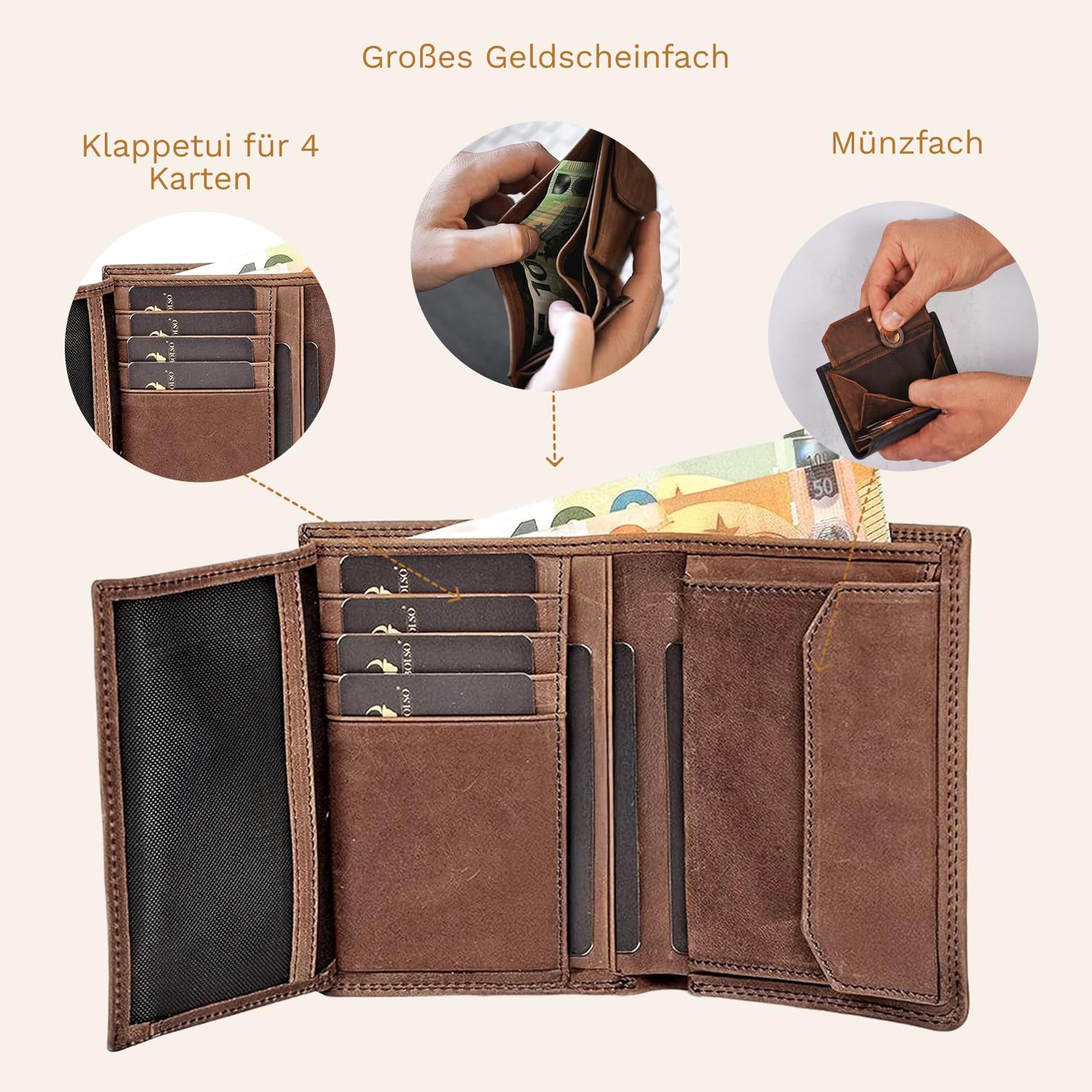 DONBOLSO Geldbeutel Herren - Große Geldbörse mit RFID-Schutz aus Leder - Portemonnaie mit Kartenetui Herren und Sichtfach für Ausweis und Kreditkarten - Vintage Braun 5