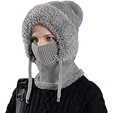 3 in 1 Beanie Hat for Women, Knitted Balaclava Hats with Scarf Attached, Windproof One Size Winter Hats