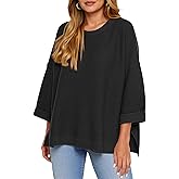 Tankaneo Women's Oversized Sweaters Casual 3/4 Long Sleeve Crewneck Ribbed Knit Split Tunics Fall Loose Pullover Tops