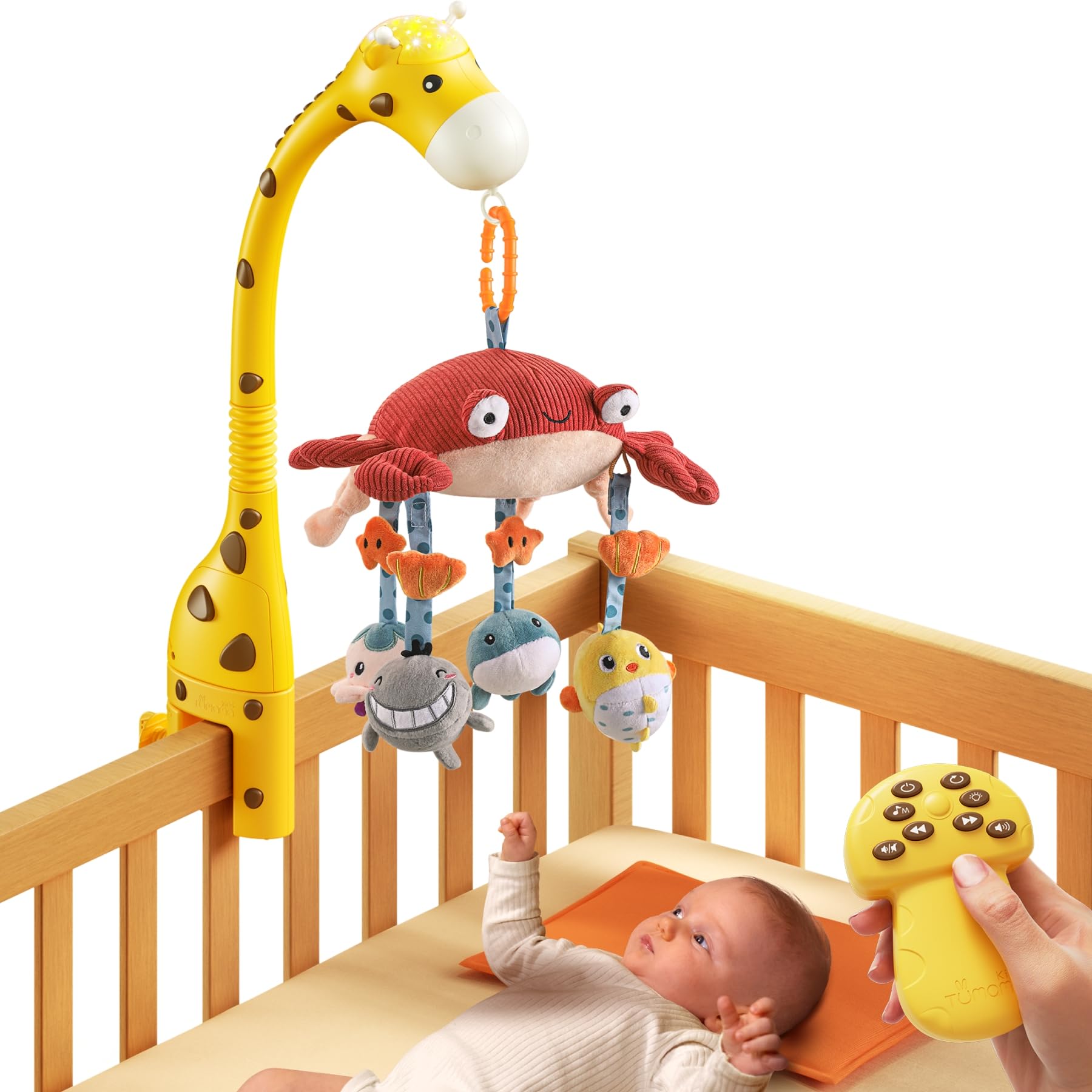 tumama Baby 0-6 Month Cot Mobile Crib Toys Giraffe Musical Lights Remote Control with Mirror Soft Hanging Rattles Lullaby Rotating Projector Sleeping Auto Off,Mute Spin Motor Infant Newborn Gift