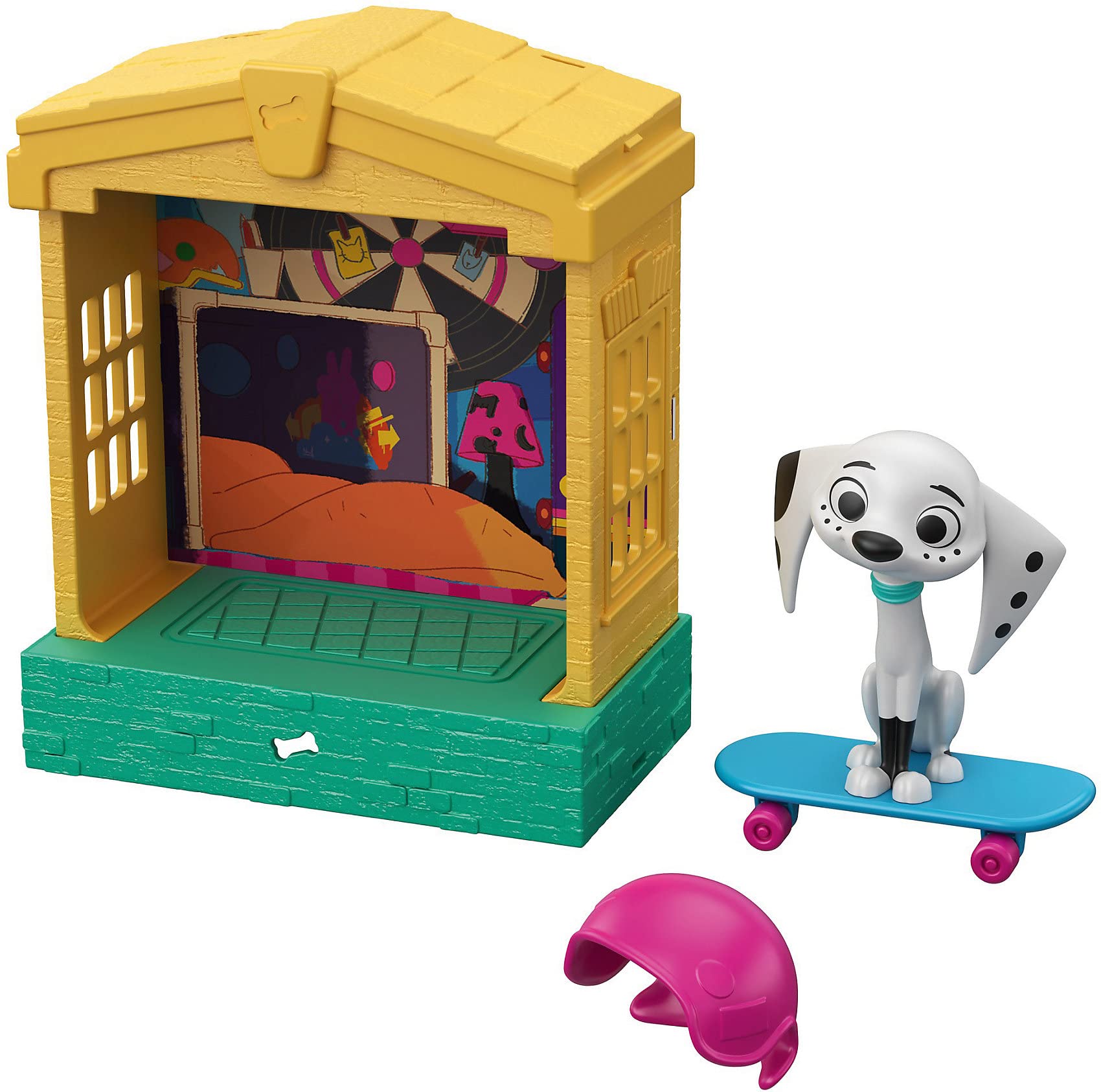 101 Dalmatian Street GBM28 Disney, Stackable Dog House (5-in) with Dolly Character Figure (3-in), Skateboard and Helmet Accessories, Multicoloured