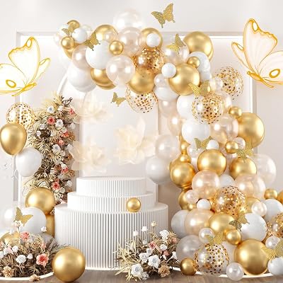 Balloon Garland White and Gold Arch Kit with Butterfly Stickers 104pcs