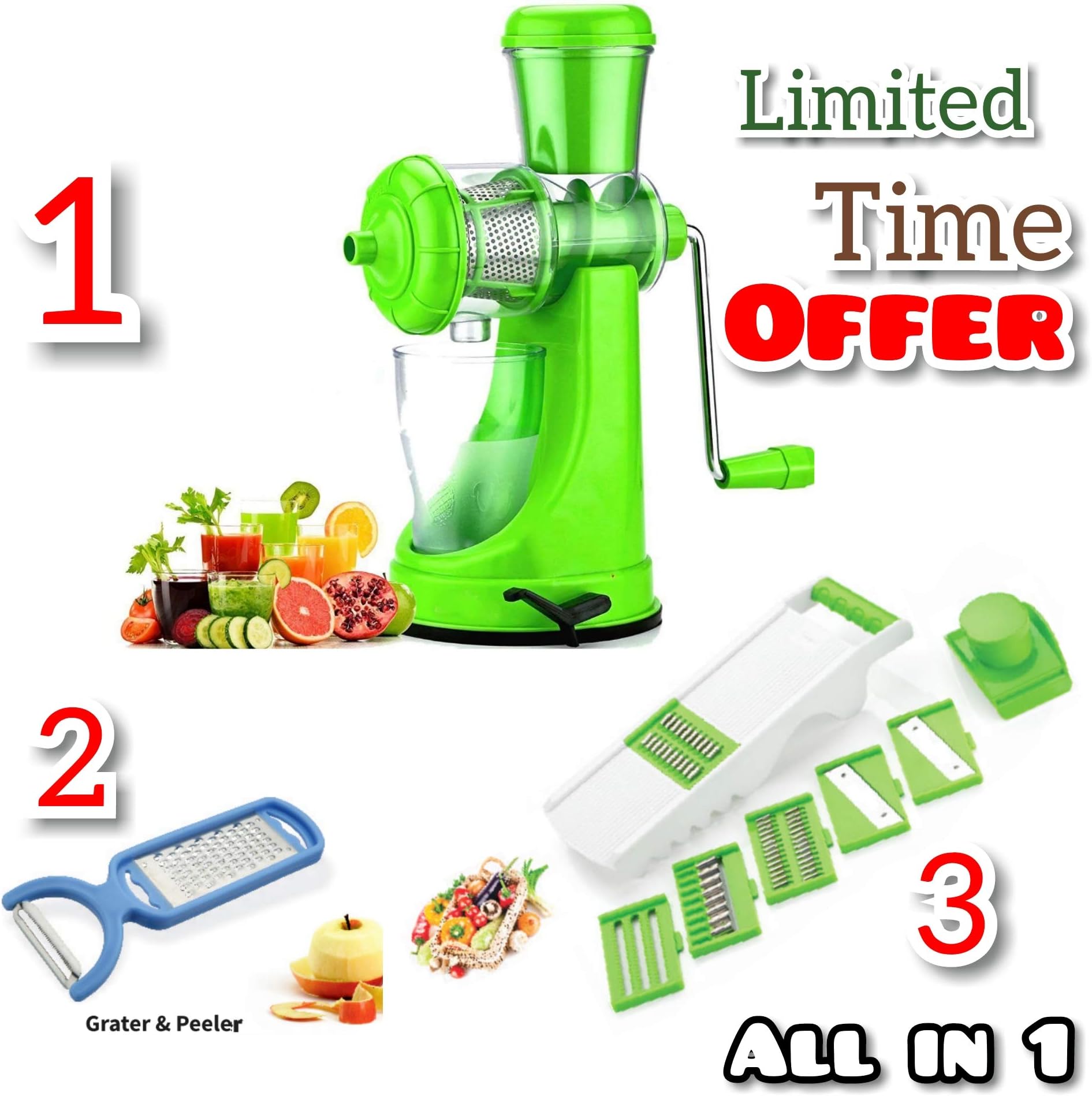 Redfam Travel Juicer, Hand Manual Operation Juice Maker Machine for Fruits Combo Green (Veg Cutter and Steel Grater)