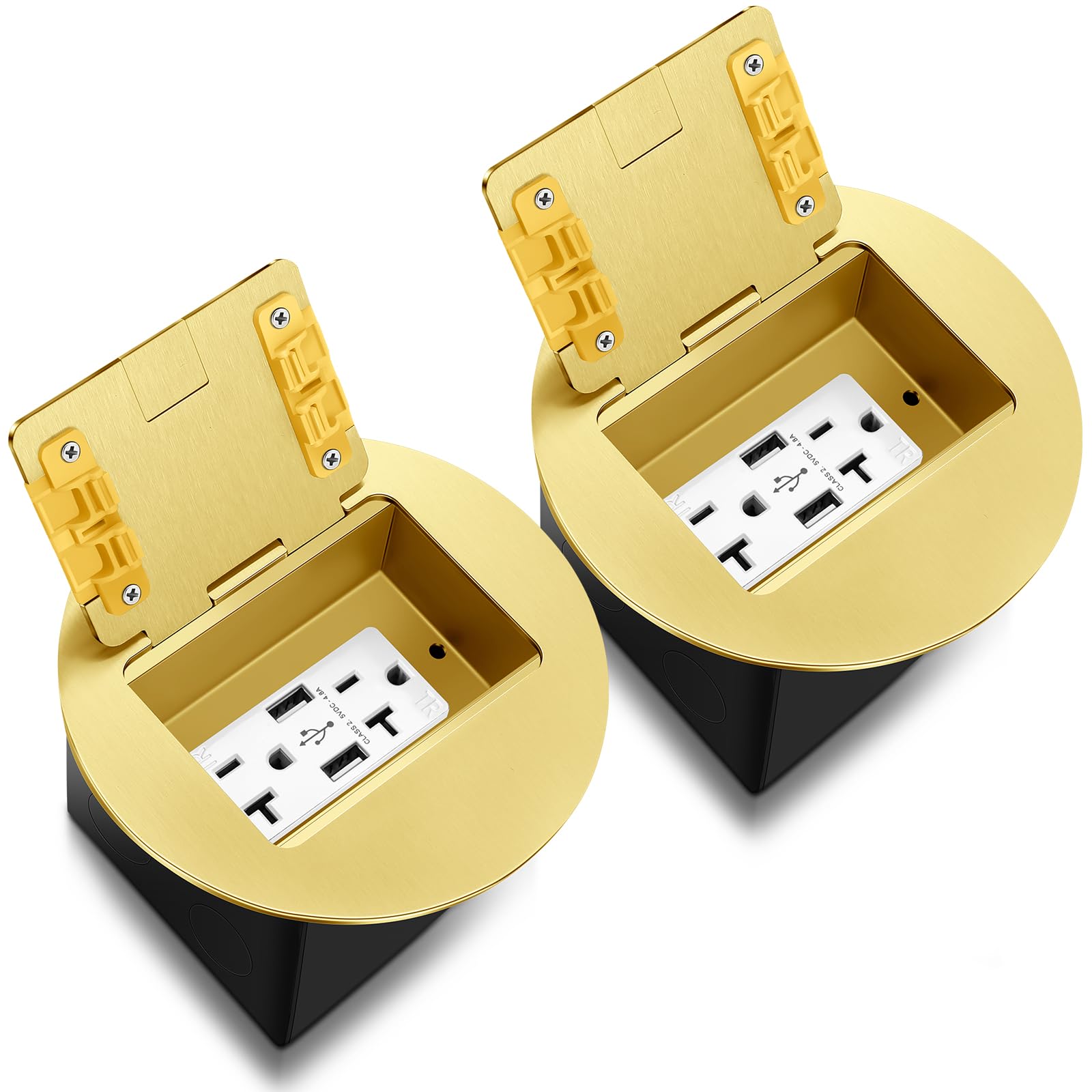 Photo 1 of Kanayu 2 Pack Gold Recessed Floor Outlet, 3.98"x 3.66" x 3.15" 1-Gang, Round Receptacles Duplex with 4.8A USB Chargers 20A TR Device and Adjustable Steel Box, Electrical Outlet Kit, Etl Listed