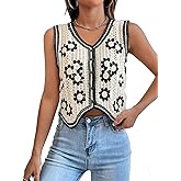 Verdusa Women's Sweater Vest Button Front V Neck Sleeveless Crochet Plaid Checkered Knit Sweater Vest