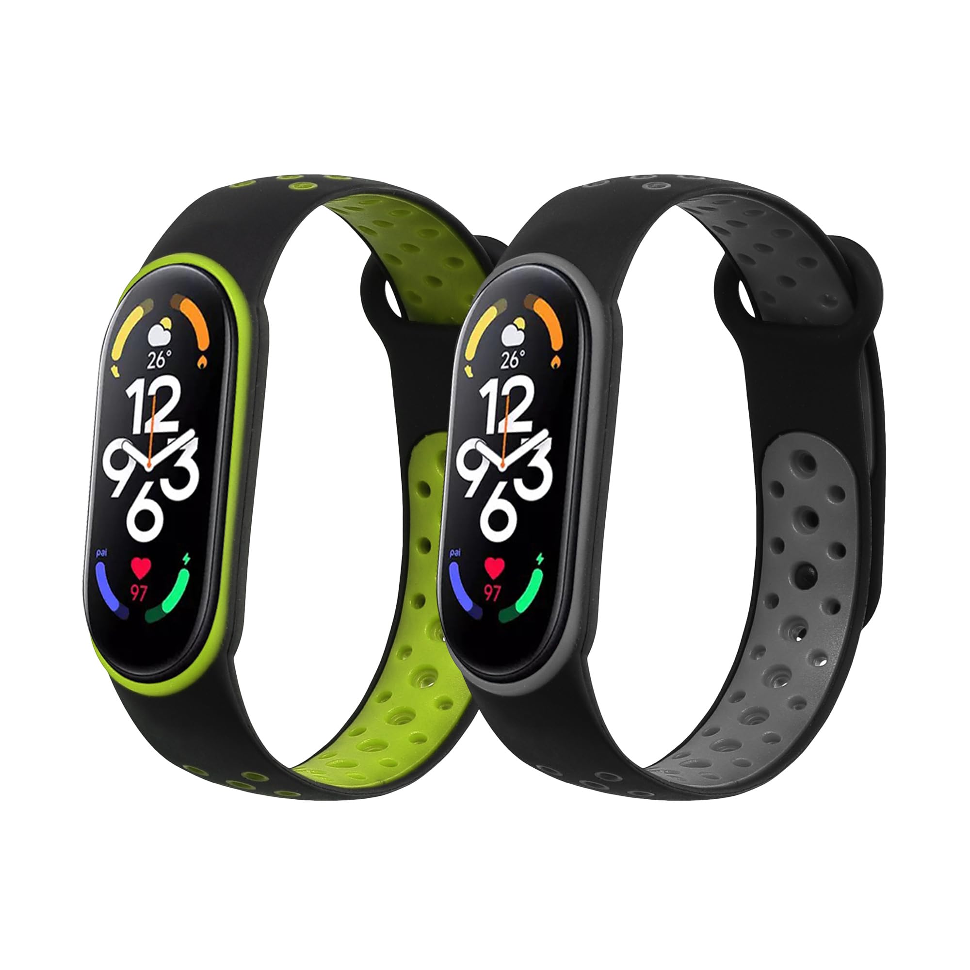 kwmobile Straps Compatible with Xiaomi Mi Band 7 Straps - 2x Replacement Silicone Watch Bands - Smartwatch or Fitness Tracker - Black/Grey/Black/Green